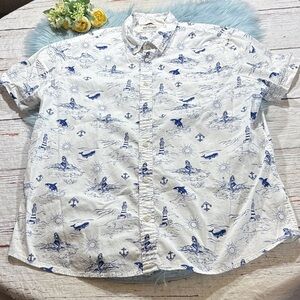 Urban Pipeline Whale Mermaid Nautical White Blue Short Sleeve Button Down XXL